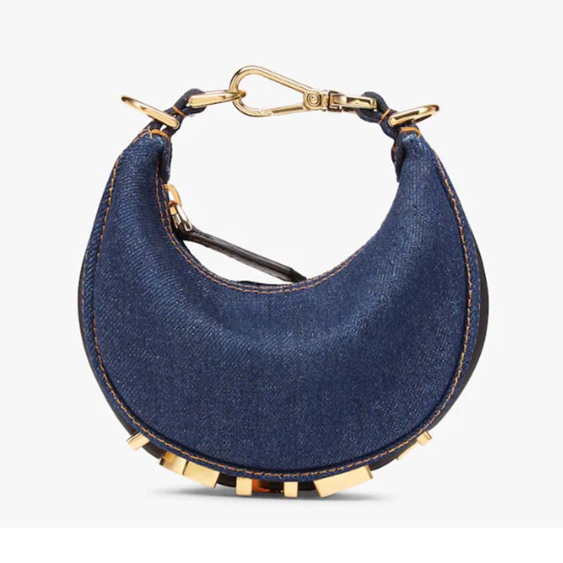 Fendi Women FF Nano Fendigraphy Hobo Bag Blue Denim Charm