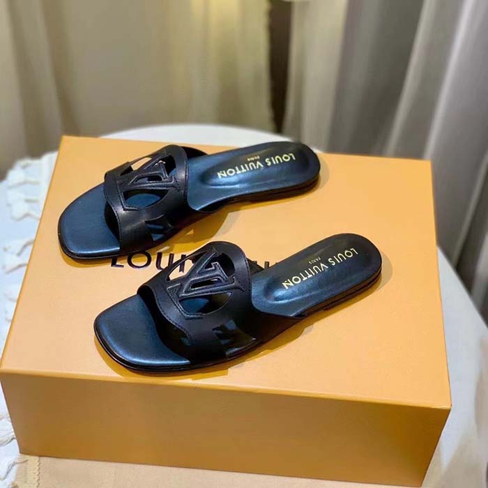 Louis Vuitton LV Unisex Isola Flat Mule Black Calf Leather Circle Signature