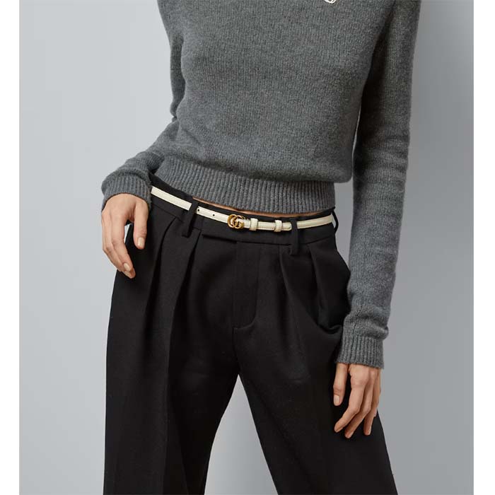 Gucci Unisex GG Thin Patent Double G Belt White Leather 1.3 CM Width