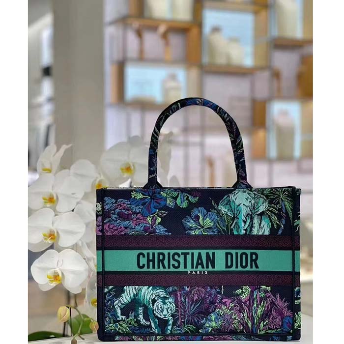 Dior Women CD Medium Book Tote Blue Multicolor Toile De Jouy Voyage Embroidery