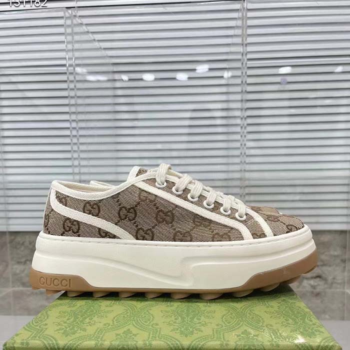 Gucci Unisex GG Sneaker Beige Ebony Original Canvas Flat Interlocking G 5 Cm Heel