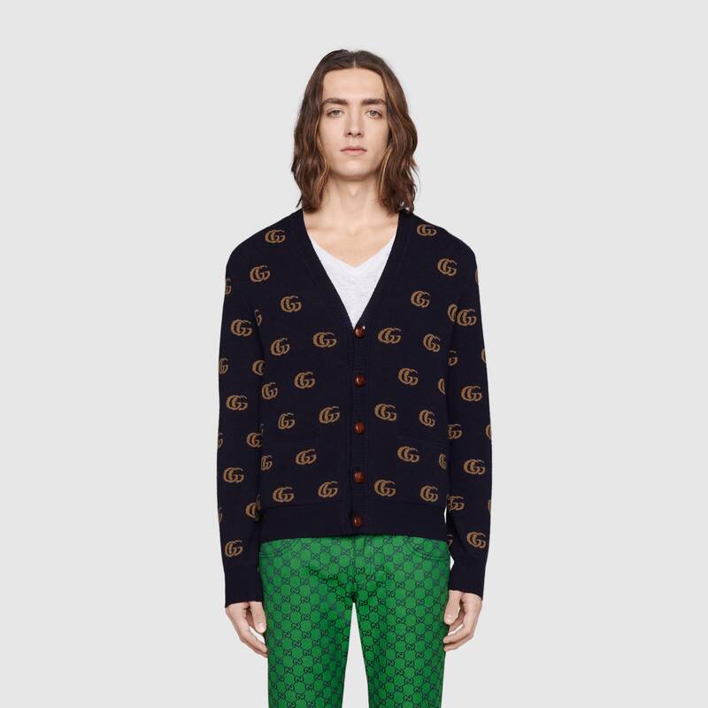 Gucci Men Double G Jacquard Wool Cardigan Front Pockets Blue and Beige
