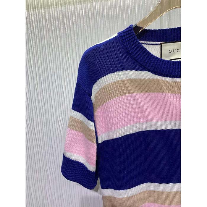 Gucci Women GG Striped Cotton Wool Dress Patch Round Neck