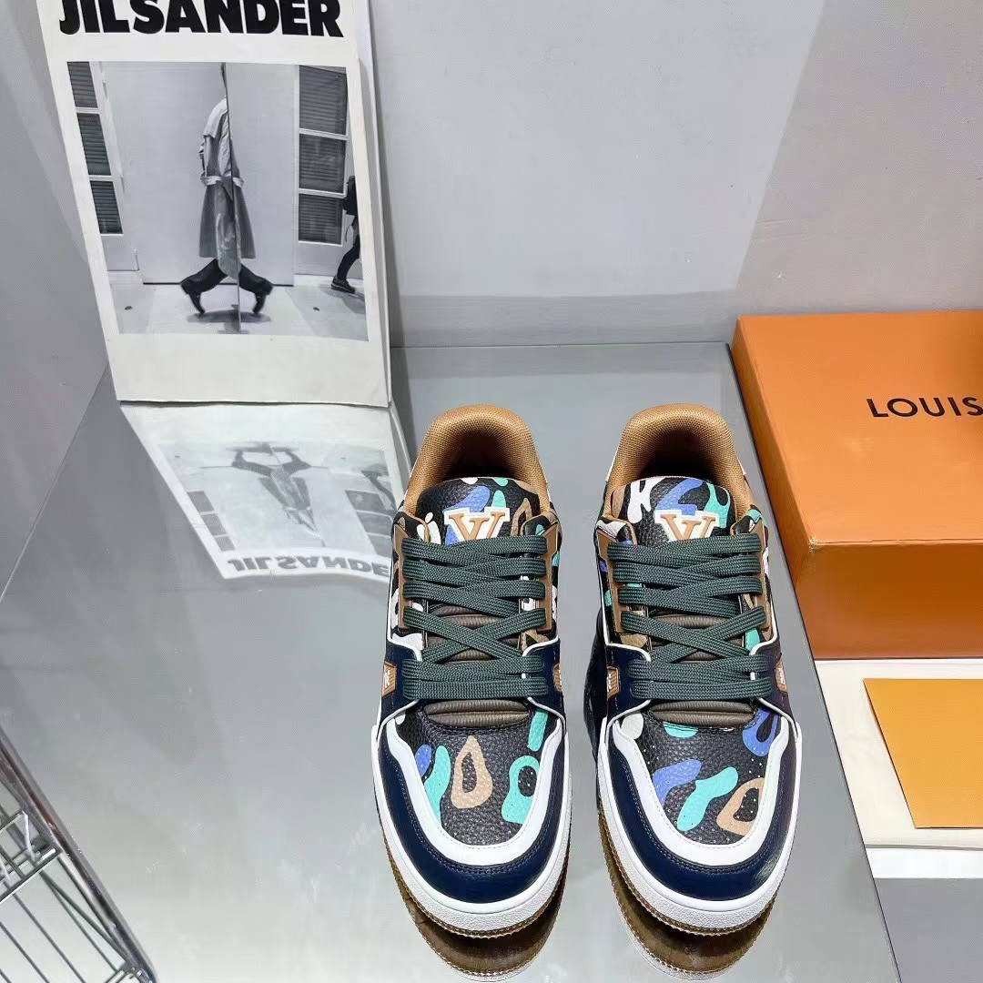 Louis Vuitton Unisex LV x YK LV Trainer Sneaker Khaki Green Camouflage-Printed Canvas Grained Calf