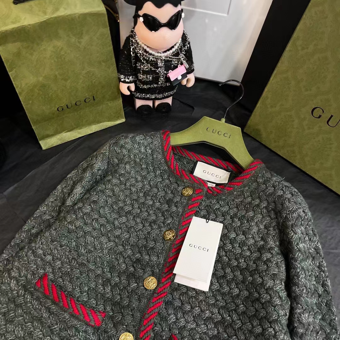 Gucci Women GG Cable Knit Wool Jacket Dark Green Collarless Wool Cotton