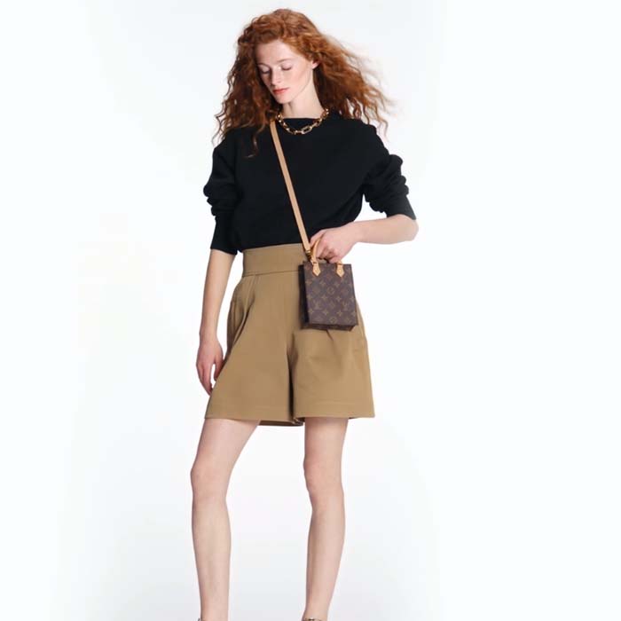 Louis Vuitton LV Unisex Petit Sac Plat Bag Monogram Coated Canvas Aged Natural Cowhide Leather