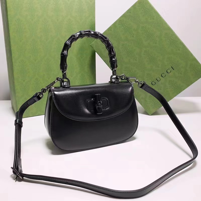 Gucci Women GG Bamboo 1947 Small Top Handle Bag Black Leather Bamboo Hardware