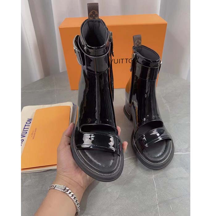Louis Vuitton LV Women Moonlight Ankle Boot Black Patent Calf Leather Side Zip Padded Footbed Rubber