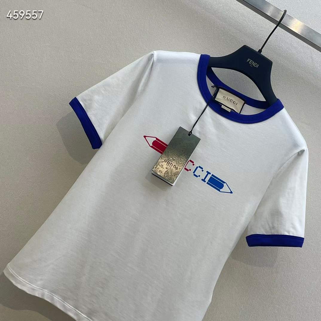 Gucci Men GG Cotton Jersey Printed T-Shirt White Blue Crewneck Short Sleeves