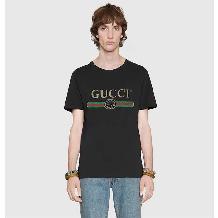 Gucci Men GG Washed T-Shirt Gucci Logo Black Crewneck Oversize Fit