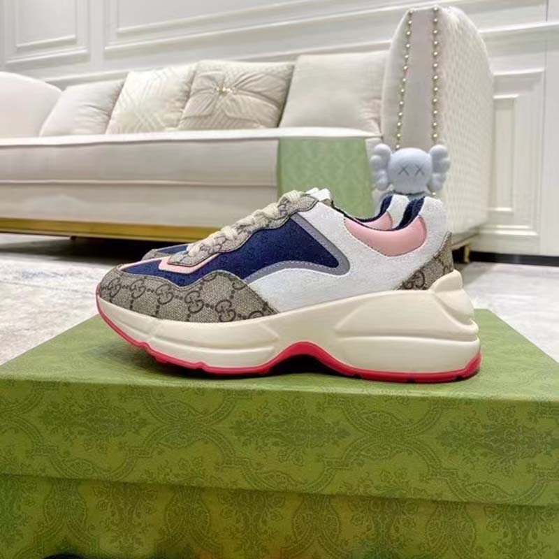Gucci Unisex GG Rhyton Sneaker Beige Blue Pink GG Supreme Canvas Low Heel