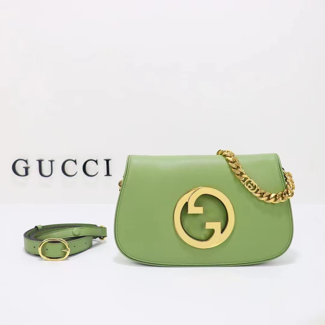 Gucci Women GG Blondie Shoulder Bag Green Leather Round Interlocking G