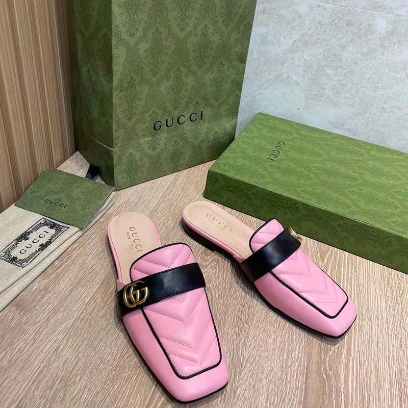 Gucci Women GG Slipper Double G Pink Leather Matelassé Chevron Insert