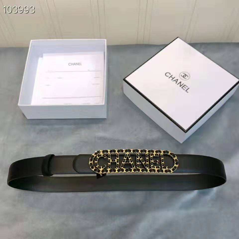 Chanel Women Calfskin Gold-Tone Metal & Lambskin Belt-Black