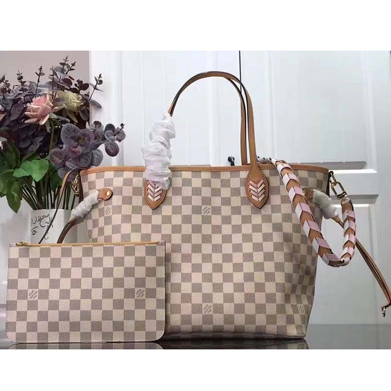 Louis Vuitton LV Women Neverfull MM Tote Bag Damier Azur Coated Canvas