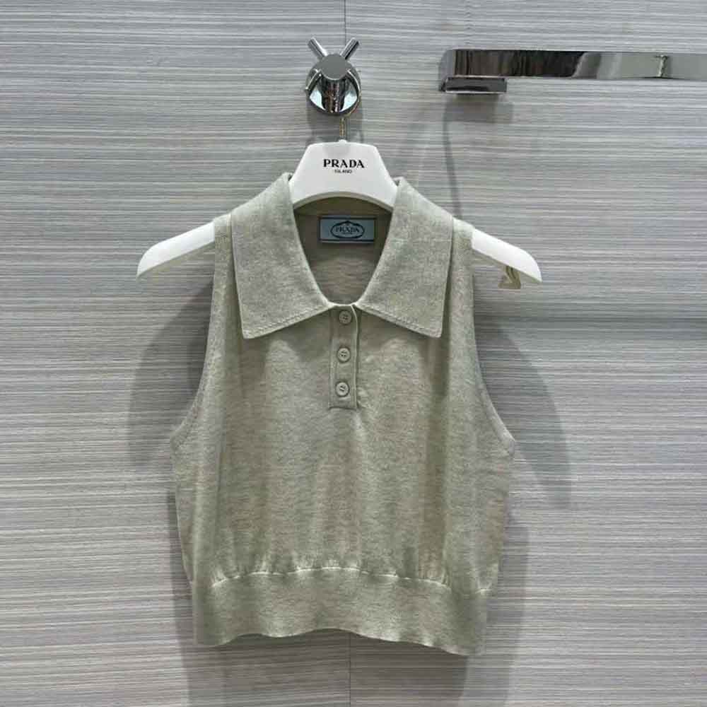 Prada Women Ribbed Knit Lurex Crop Top-Silver