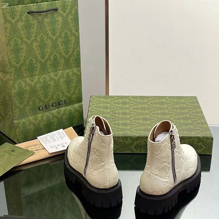 Gucci Unisex GG Leather Boots White Rubber Lug Sole Lace-Up Interlocking G Flats