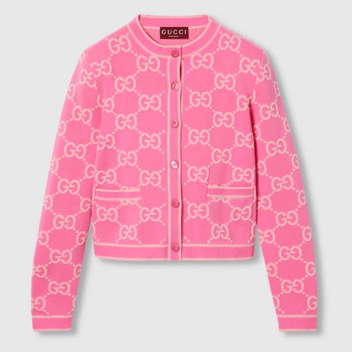 Gucci Women GG Cotton Jacquard Cardigan Pink Crewneck Long Sleeves