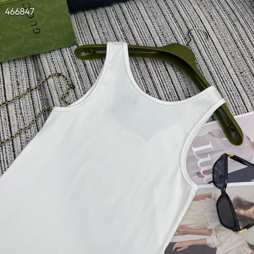 Gucci Women GG Rib Cotton Tank Top Gucci Print White Scoop Neck Sleeveless
