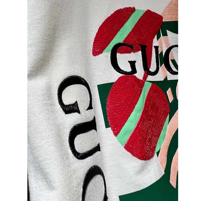 Gucci Men GG Cotton Jersey Printed T-Shirt Off White Cherry Sequin Embroidery