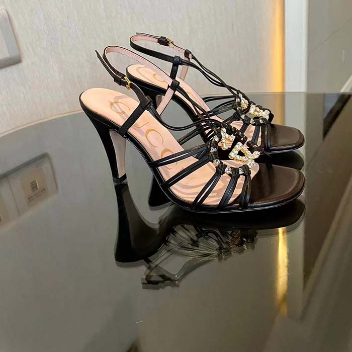 Gucci Women GG Sandal Interlocking G Black Leather High 9 Cm Heel