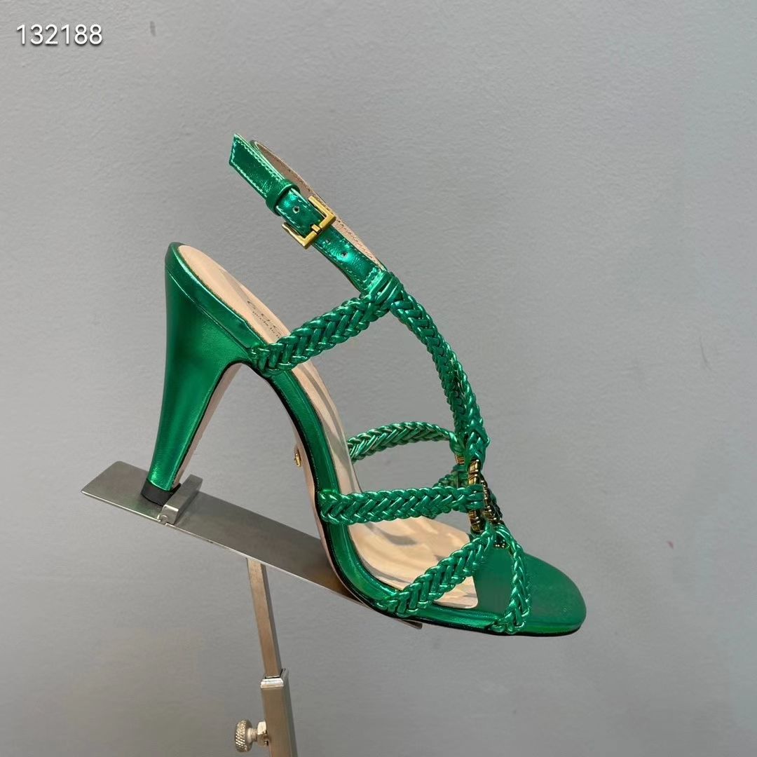Gucci Women GG Cystal Interlocking G Sandal Green Metallic Braided High 9 CM Heel