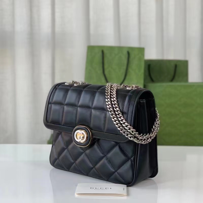 Gucci Women GG Deco Small Shoulder Bag Black Quilted Leather