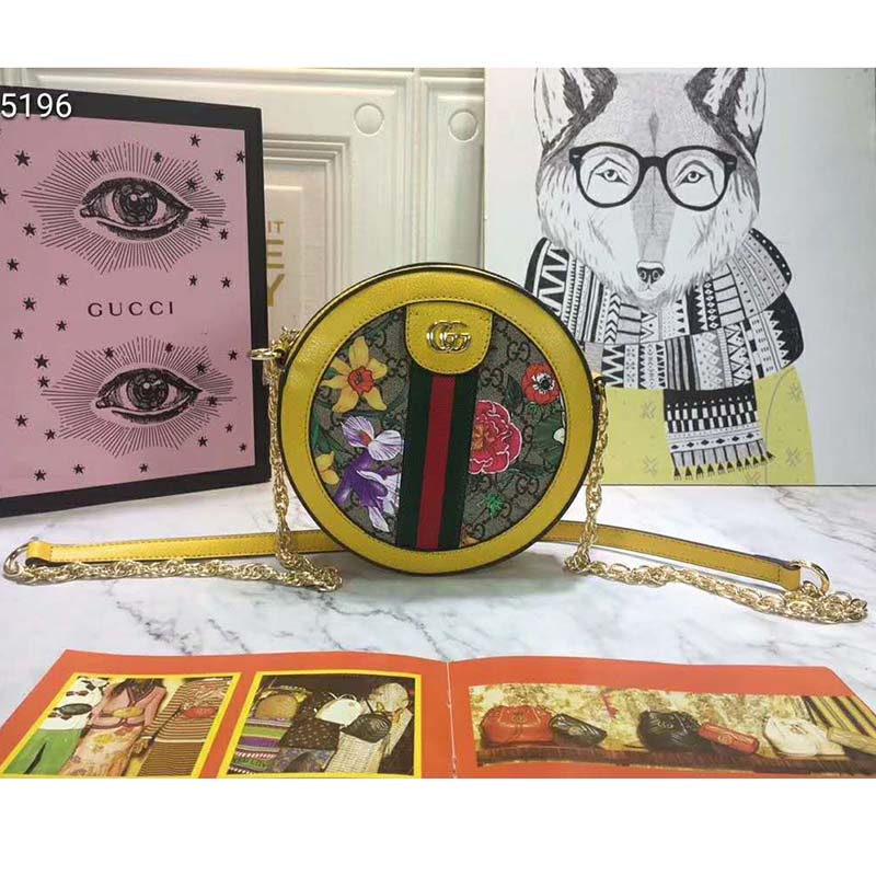 Gucci GG Women Ophidia GG Flora Mini Round Shoulder Bag in Beige/Ebony GG Supreme Canvas