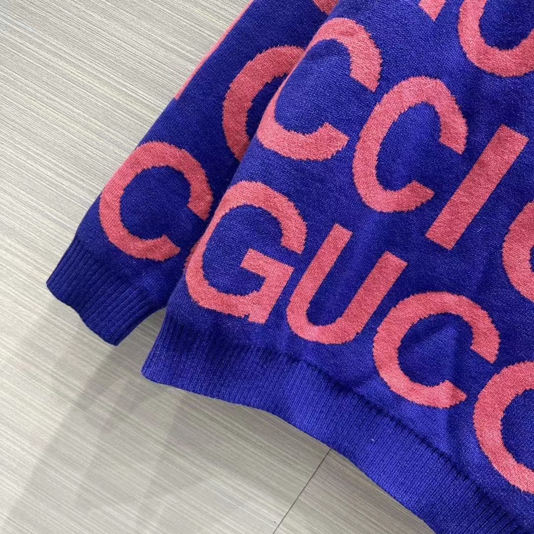 Gucci Women GG Wool Sweater Gucci Intarsia Blue Crewneck Dropped Shoulder