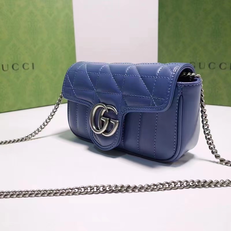 Gucci Women GG Marmont Super Mini Bag Blue Matelassé Leather Double G
