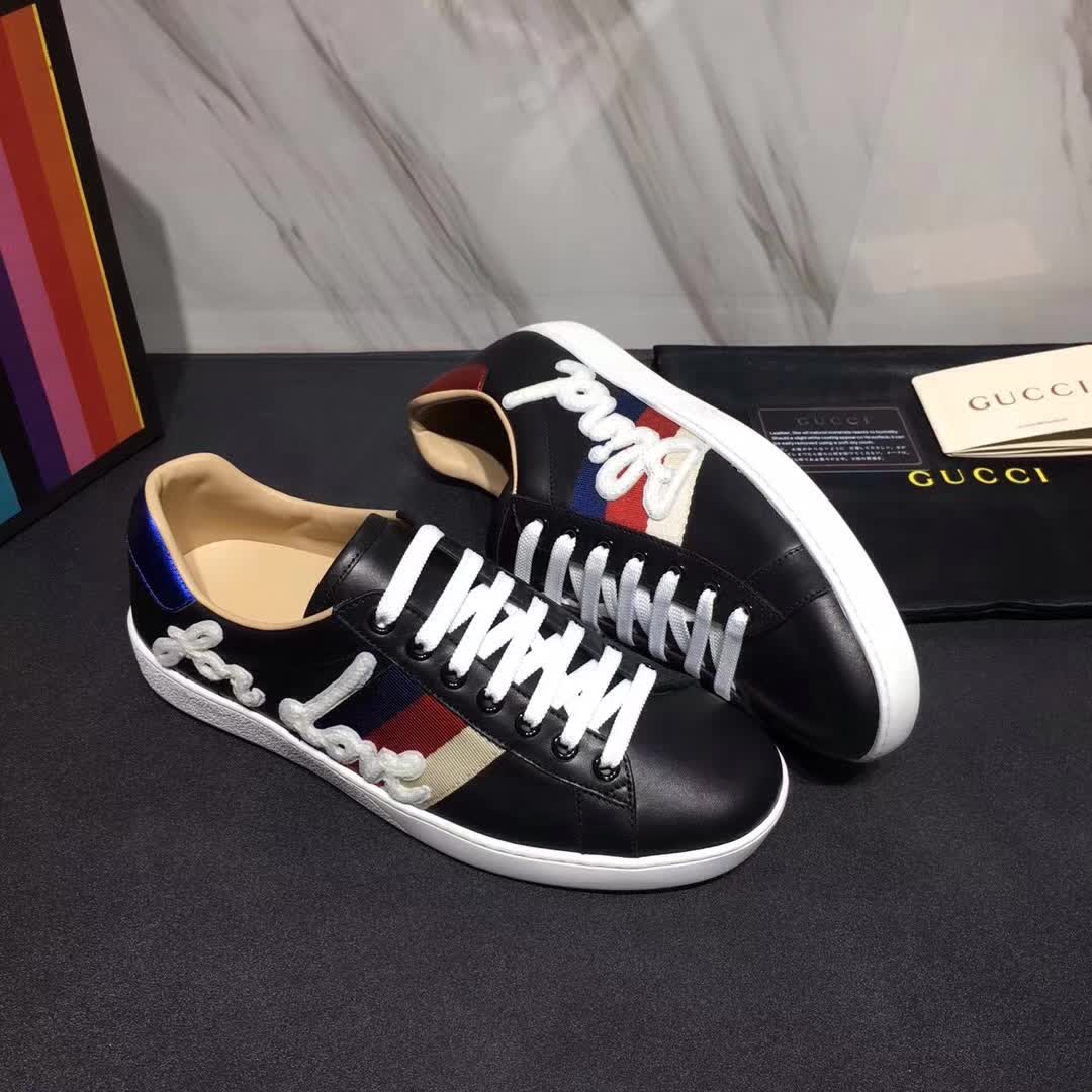 Gucci Men Ace Embroidered Sneaker Shoes in Leather with Sylvie Web-Black