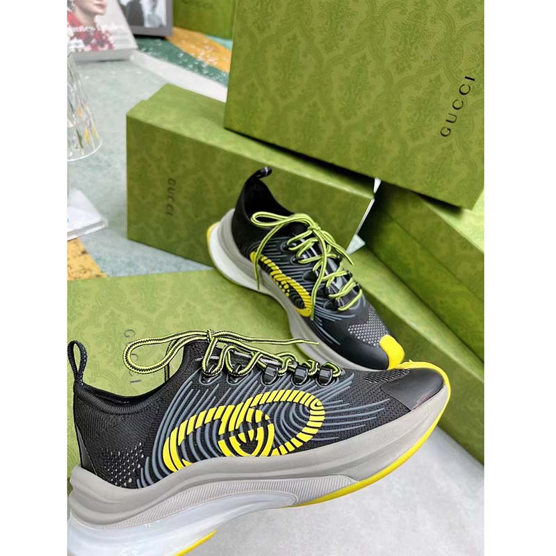 Gucci Unisex GG Run Sneaker Black Lime Technical Knit Fabric Rubber Interlocking G