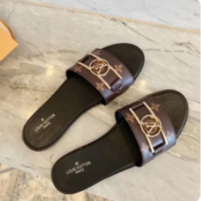 Louis Vuitton LV Women Lock It Flat Mule Brown Patent Monogram Canvas Leather