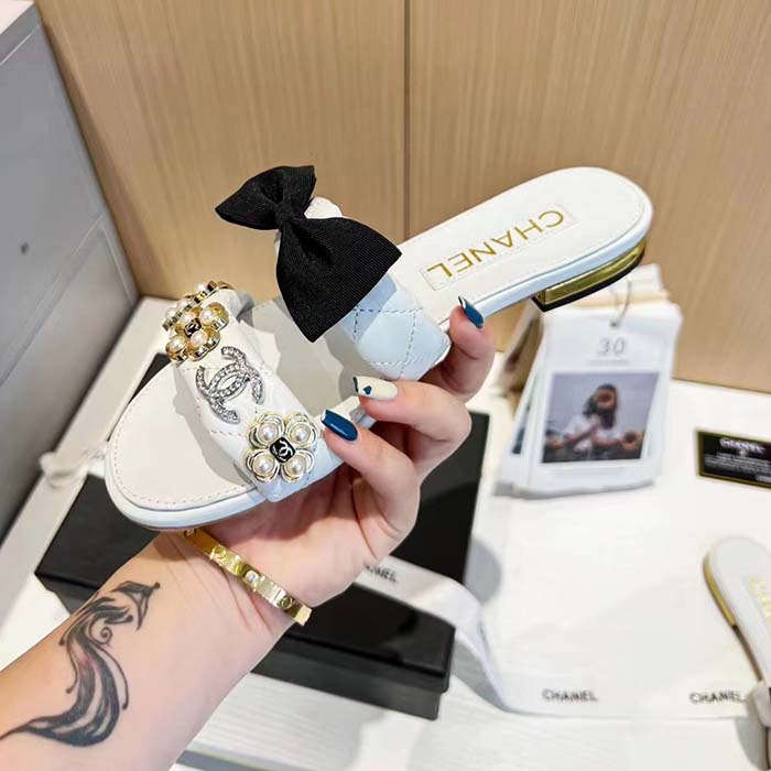 Chanel Women Mules Lambskin White Black 1.5 Cm Heel