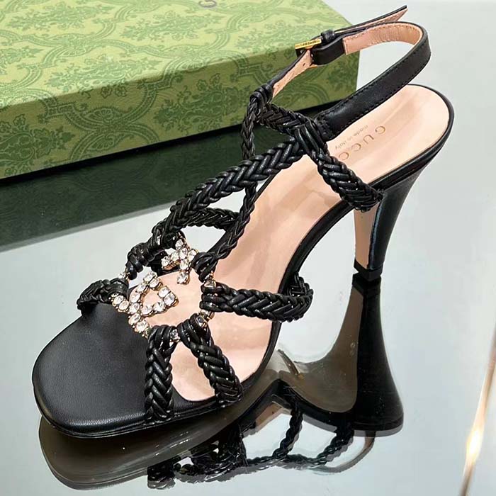 Gucci Women Crystal Interlocking G Sandal Black Braided Leather High 9 Cm Heel