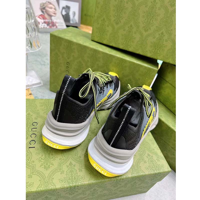 Gucci Unisex GG Run Sneaker Black Lime Technical Knit Fabric Rubber Interlocking G