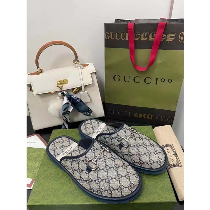 Gucci Unisex Slipper Blue Beige GG Supreme Canvas Rubber Sole Low 1 Cm Heel