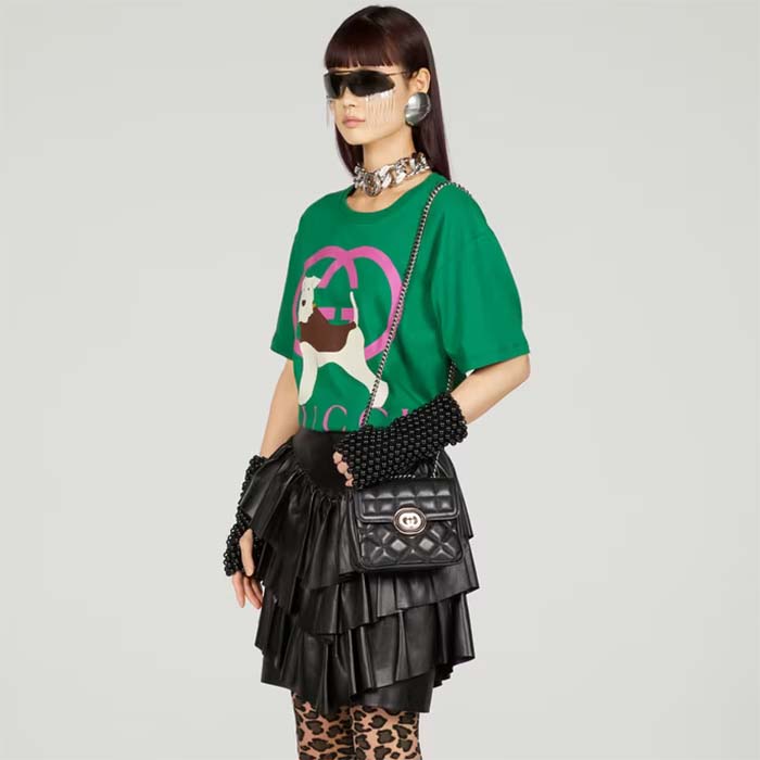 Gucci Women GG Deco Mini Shoulder Bag Black Quilted Leather Interlocking G