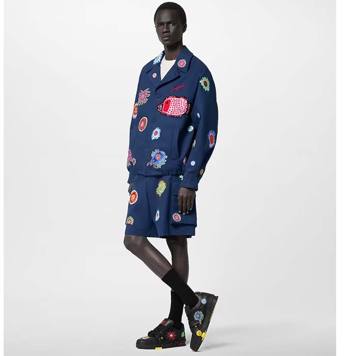 Louis Vuitton Unisex LV x YK LV Trainer Sneaker Black Printed Grained Calf Leather Monogram Flowers