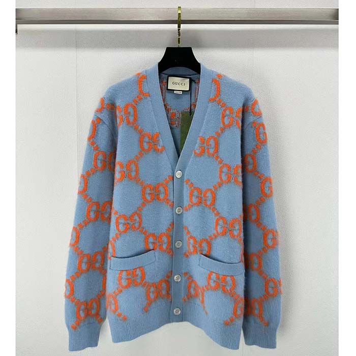 Gucci Women Wool Cardigan GG Intarsia Blue V-Neck Long Sleeves