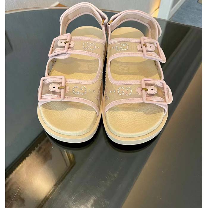 Gucci Women GG Sandal Crystals Rose Beige Mesh Tonal Suede Rubber Sole Flat