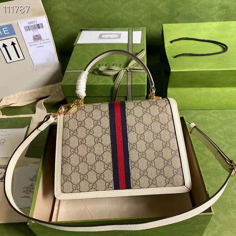 Gucci Women Ophidia Small Top Handle Bag Beige Ebony GG Supreme Canvas