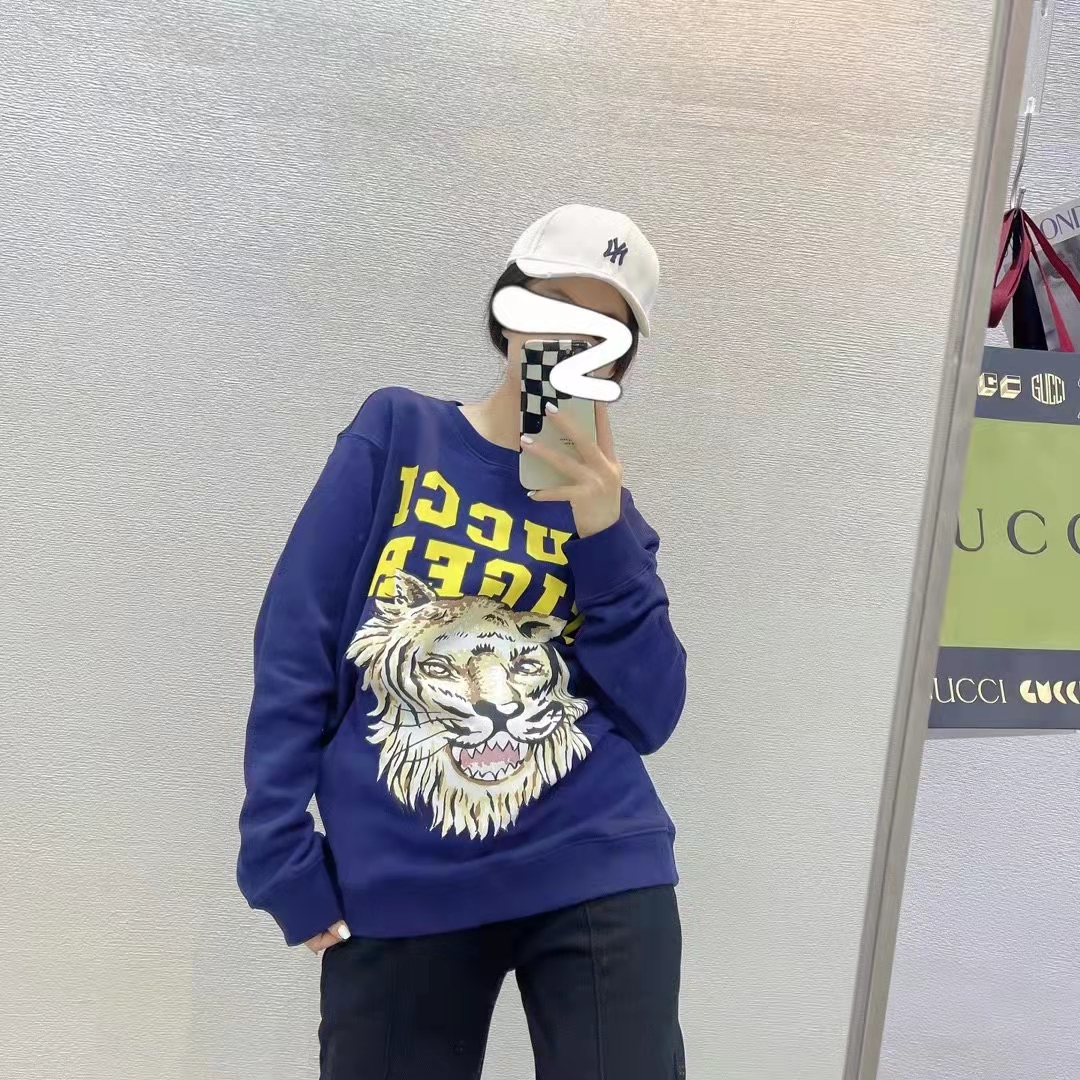 Gucci Women GG Tiger Cotton Sweatshirt Blue Felted Jersey Crewneck