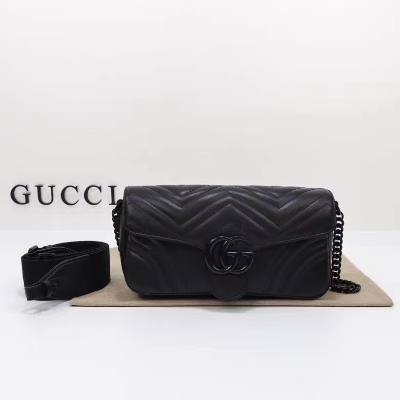 Gucci Women GG Marmont Shoulder Bag Matelassé Chevron Leather Double G Black