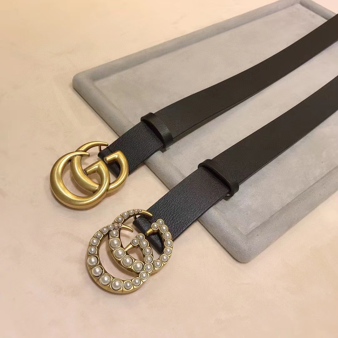 Gucci Unisex GG Leather Belt Pearl Double G Buckle Black 2 CM Width