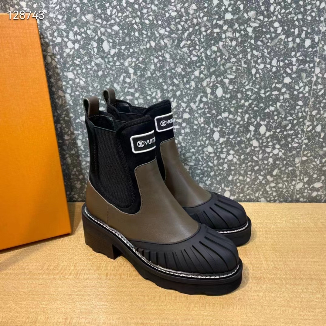 Louis Vuitton Women Shoes LV Beaubourg Ankle Boot Khaki Green Calf Leather Neoprene