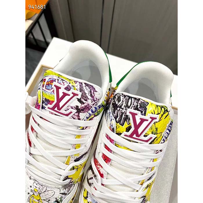 Louis Vuitton Unisex LV Trainer Sneaker White Printed Canvas Rubber Outsole Initials