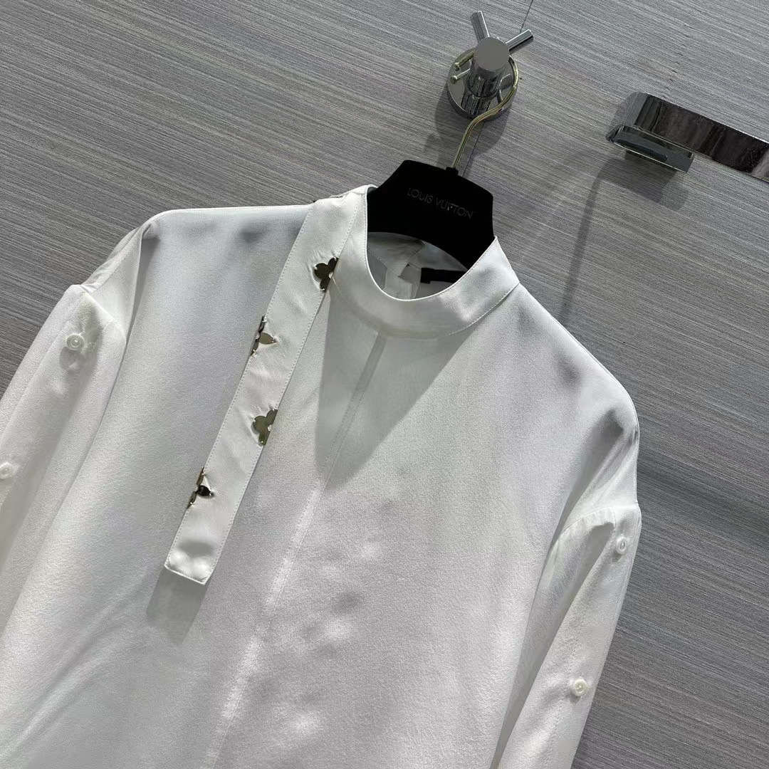 Louis Vuitton Women LV Monogram Lavaliere Button Sleeve Blouse White Silk Regular Fit