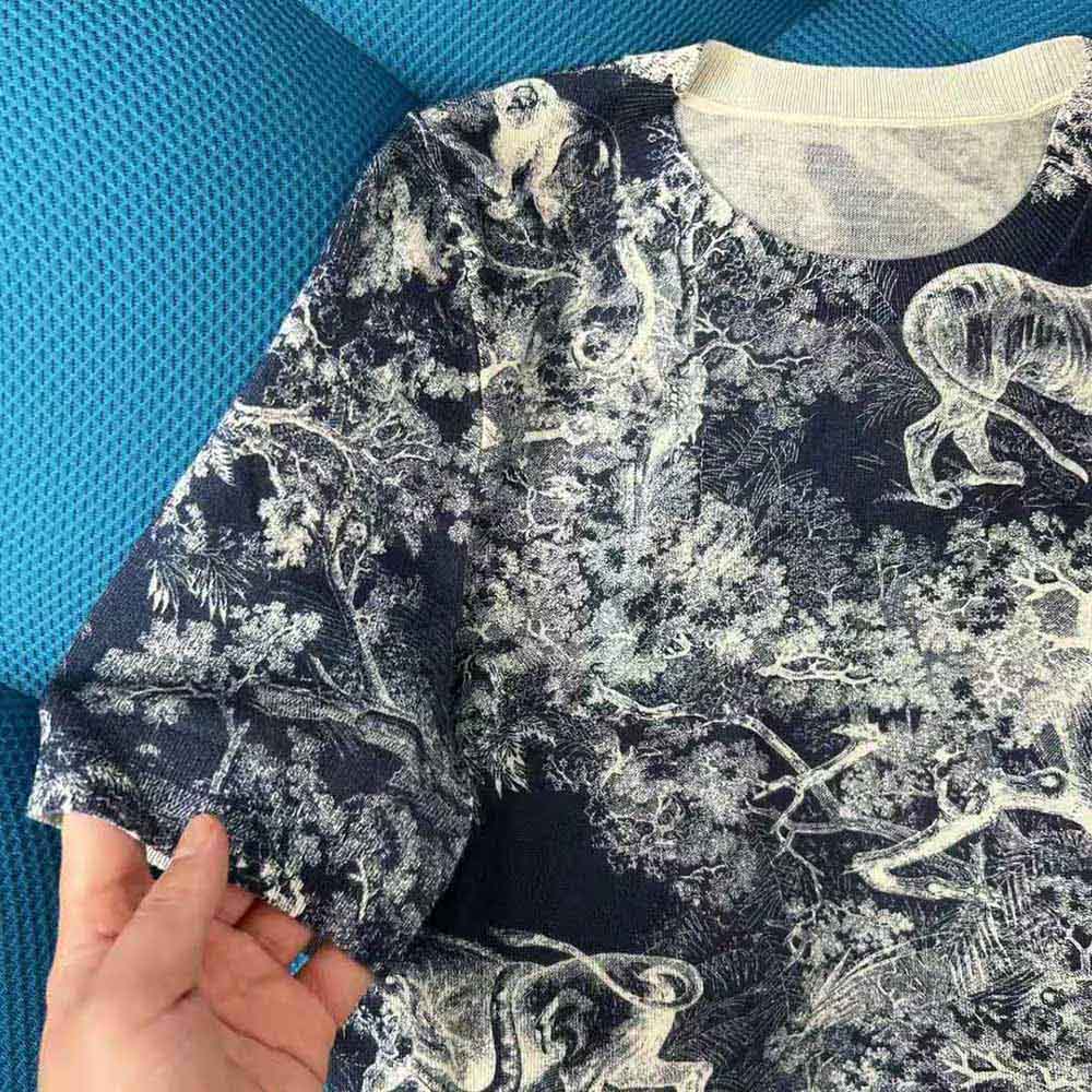 Dior Women T-shirt Navy Blue Toile De Jouy Cotton and Linen Jersey