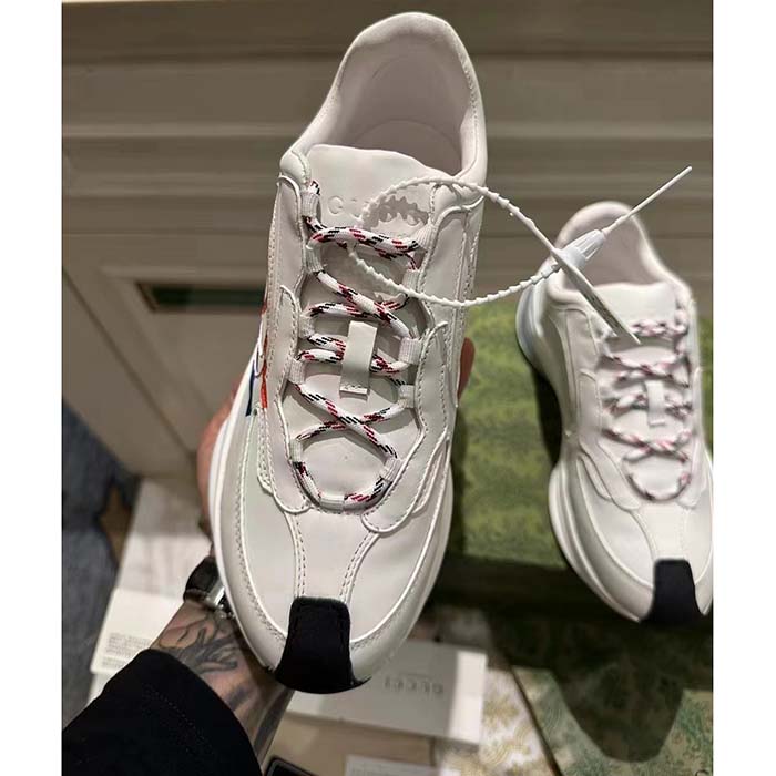 Gucci Unisex GG Run Sneaker White Leather Blue Mid Heel Red Interlocking G 6 Cm Heel